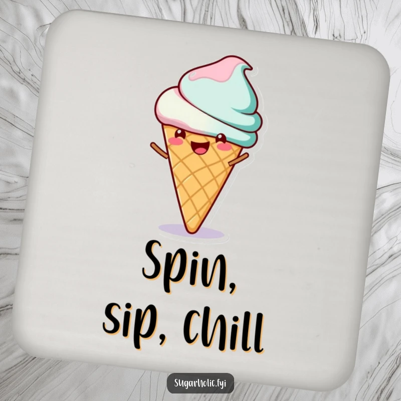 Funny drink coaster with a cheerful ice cream cone character happily spinning, adding a humorous and sweet touch to any beverage setting.