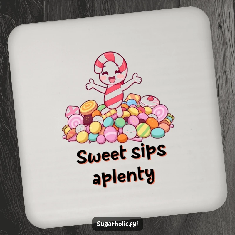 Funny drink coaster featuring a candy cane character joyfully spinning on a pile of sweets, adding sweet humor to drink protection.