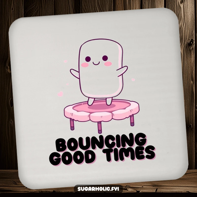 Funny drink coasters featuring a smiling marshmallow character bouncing on a candy floss trampoline, adding a sweet and humorous touch to tabletops.