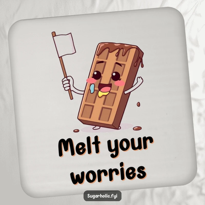 Funny drink coaster featuring a chocolate bar character comically waving a dripping flag, adding sweet humor to drink protection.