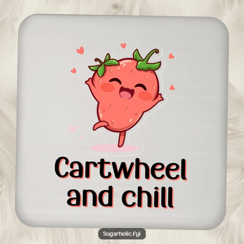 Funny Drink Coaster illustrating a delighted strawberry character performing a cartwheel, spreading giggles and playful energy.