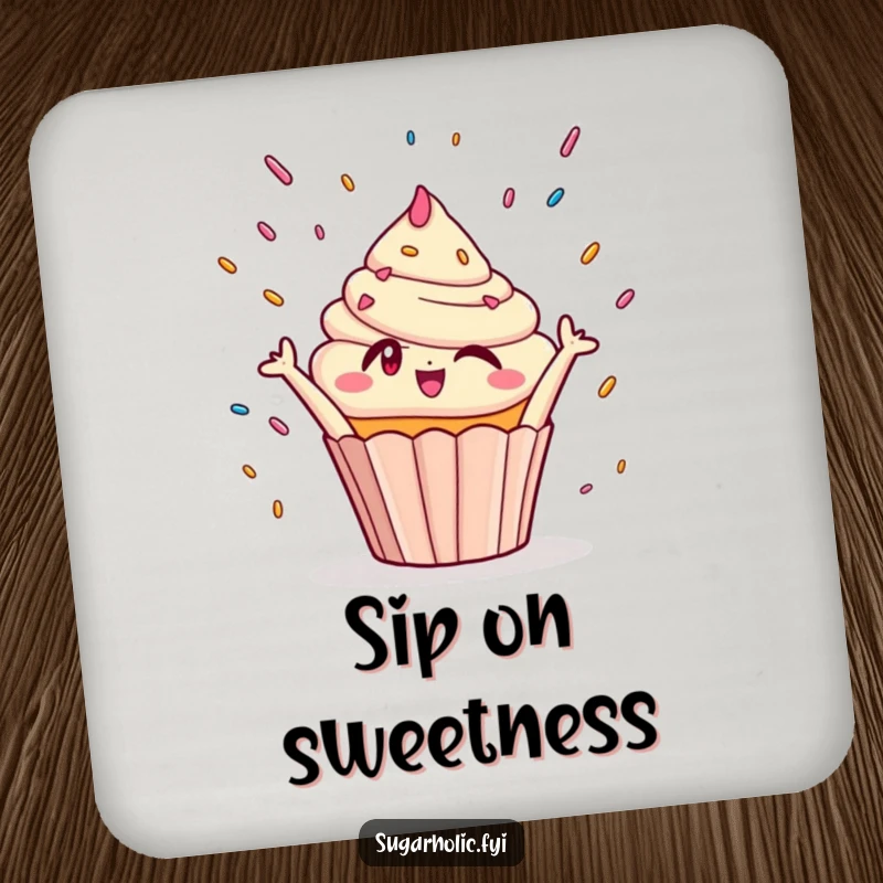 Funny Drink Coaster: A winking cupcake character joyfully reaching for falling sprinkles, adding a sweet and playful touch.