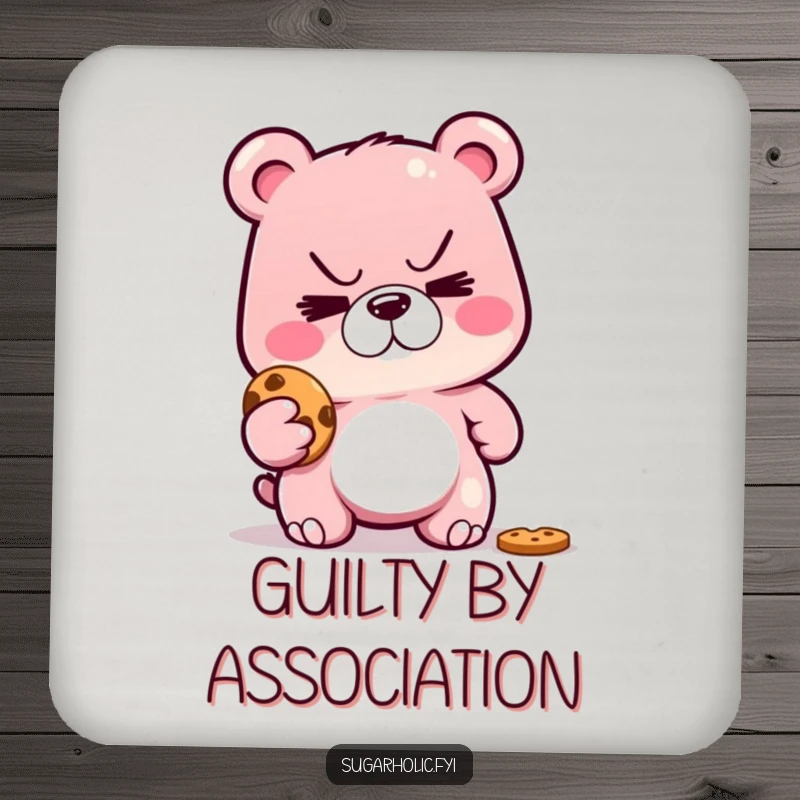 Funny drink coasters showcasing a sly gummy bear with a mischievous grin, caught in the act of stealing a cookie.