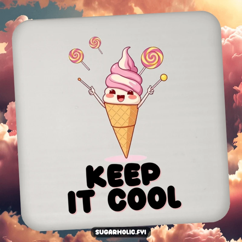 Funny giggling ice cream cone juggling three flying lollipops with its cone, a humorous and protective drink coaster.