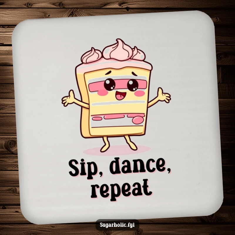 Funny slice of cake character doing a silly dance with frosting on a humorous drink coaster, perfect for home decor.