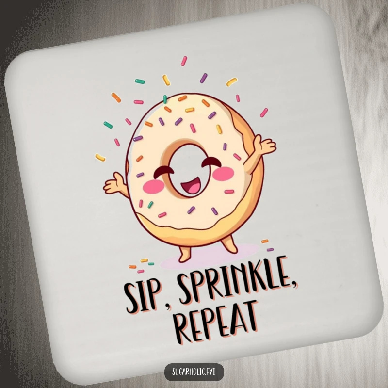 Funny donut character juggling sprinkles, round drink coaster, protects furniture with witty humor.
