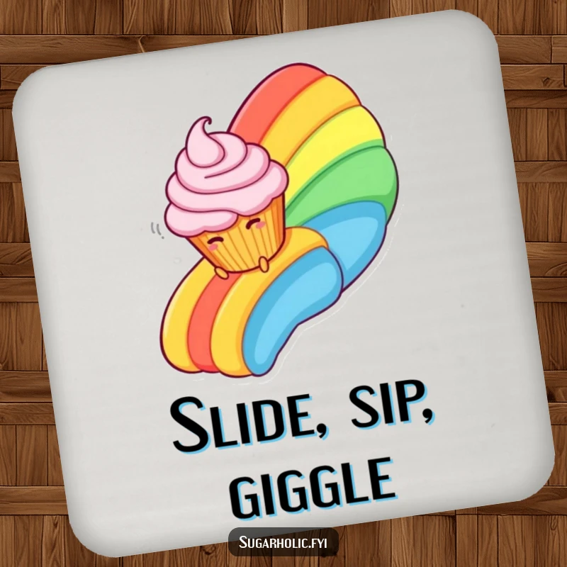 Funny Drink Coaster illustrating a giggling cupcake character sliding down a colorful rainbow made of creamy, delicious frosting.