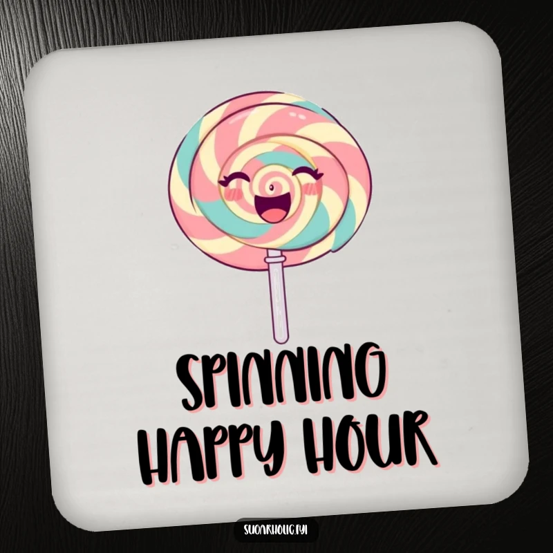 Funny gleeful lollipop character spinning with a radiant, sweet expression, a set of charming and funny coasters.