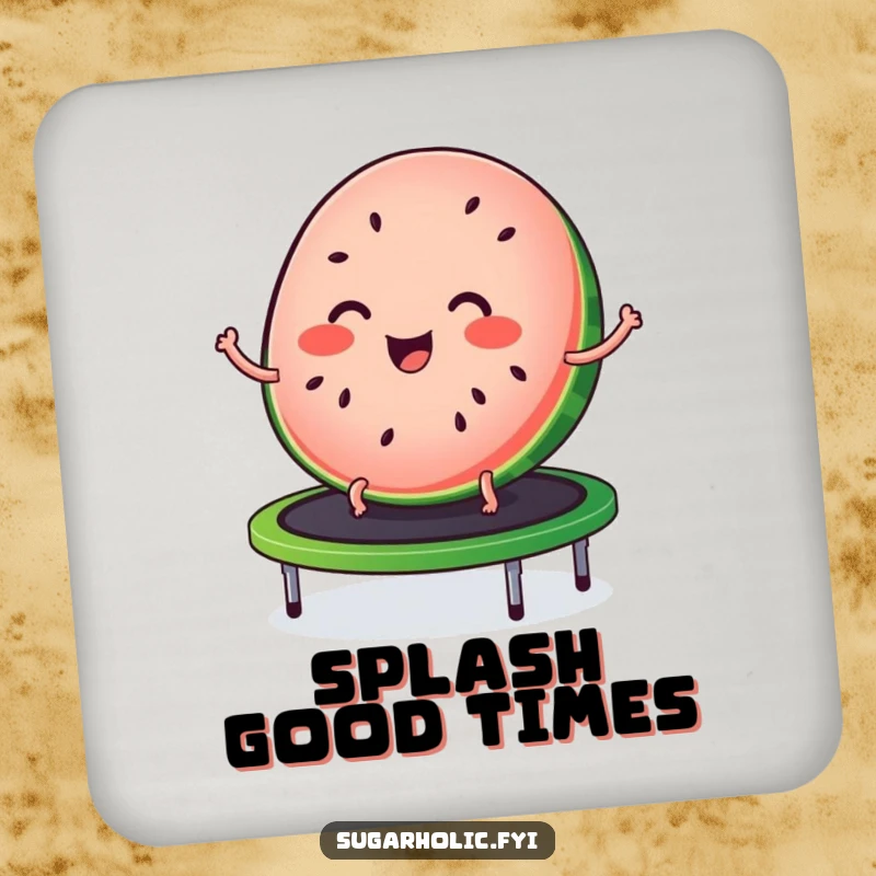 Funny coaster featuring a joyful slice of watermelon with seed freckles, bouncing on a trampoline, protecting surfaces with zest.