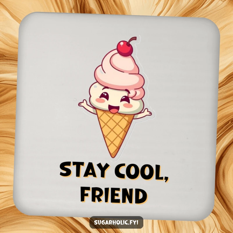 Funny ice cream cone character with a cherry on top giggling and spinning on a drink coaster, offering surface protection with sweet humor, a funny gift.