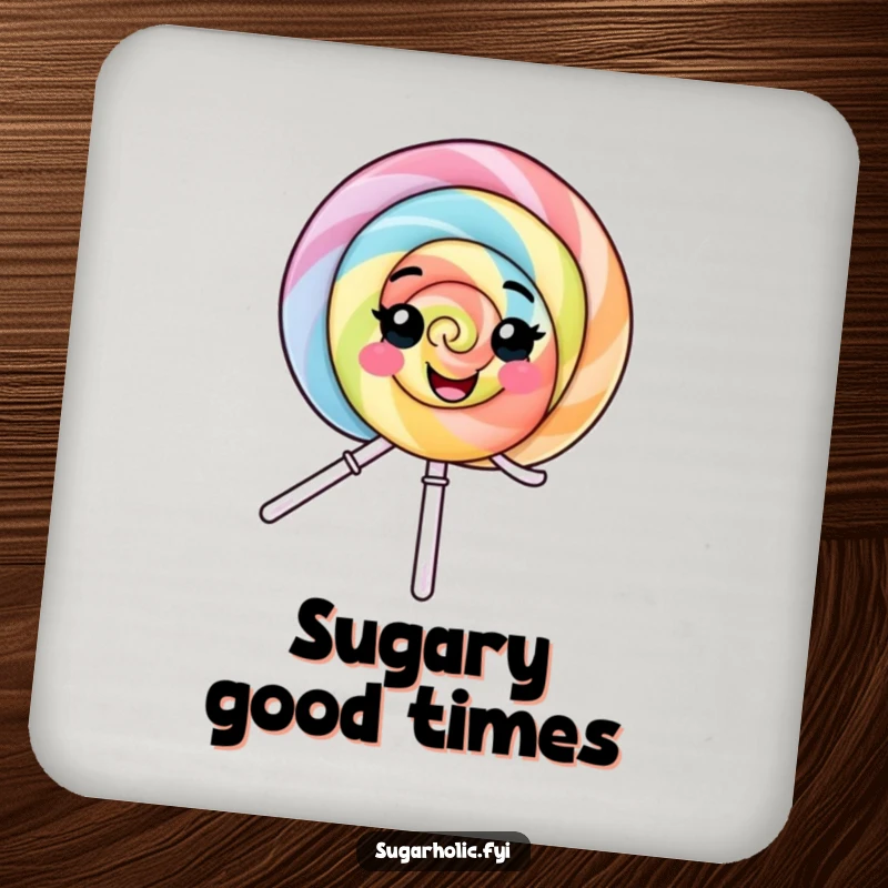 Funny Coaster: A protective coaster showcasing a smiling lollipop character joyfully spinning, adding a whimsical touch to any table.