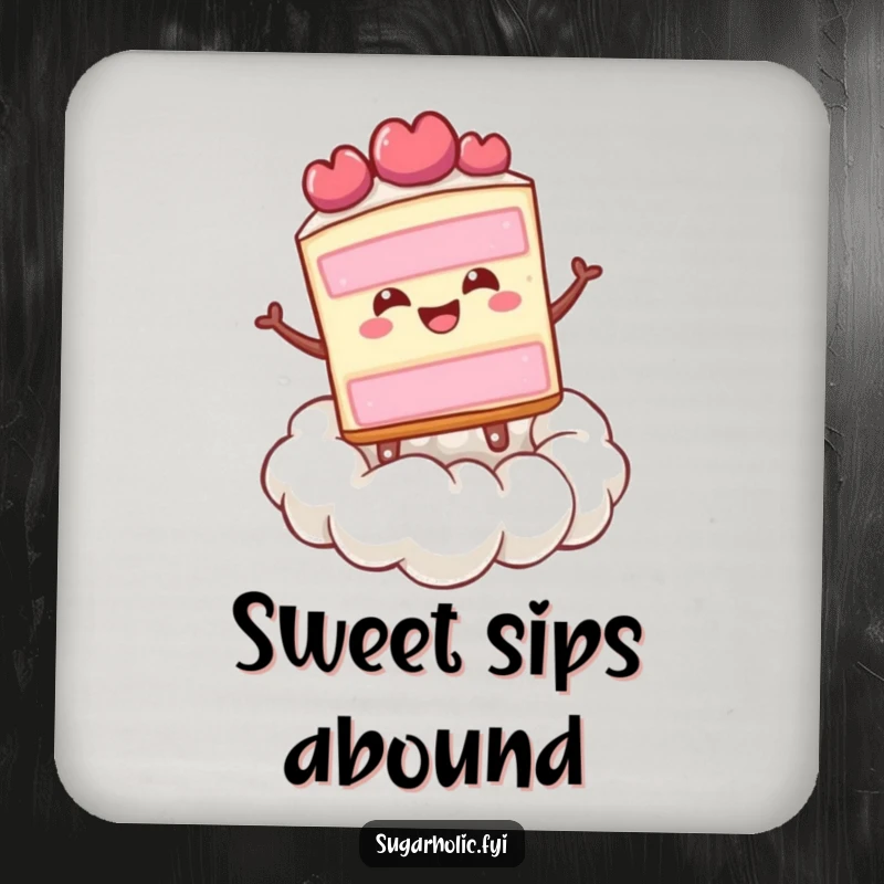 Funny happy slice of cake bouncing on a cloud made of whipped cream, a humorous and protective drink coaster.