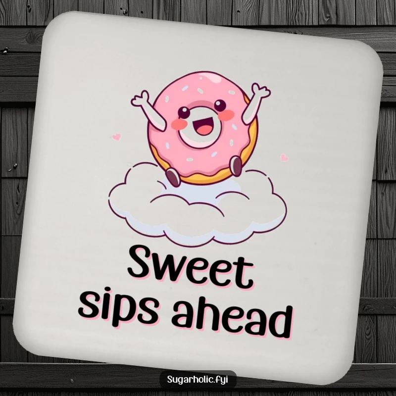 Funny drink coaster showing a delighted doughnut character doing a cartwheel on a sugary cloud, adding humor to beverage service.