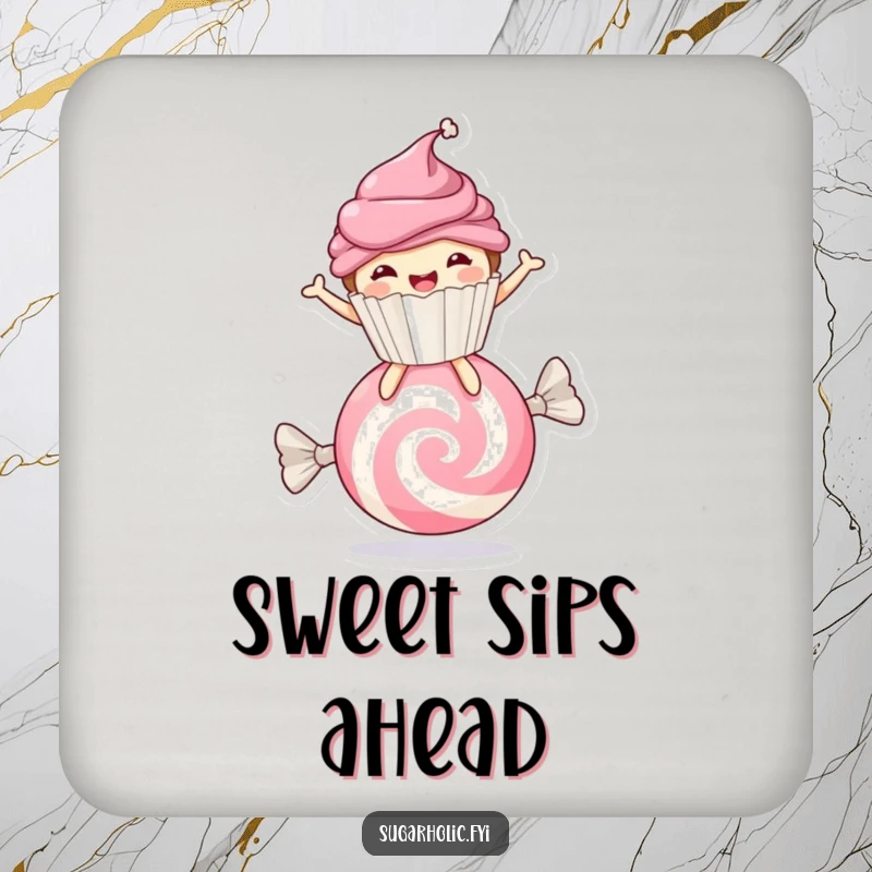 Funny cupcake character joyfully bouncing on candy, round drink coaster, protects furniture with sweet humor.