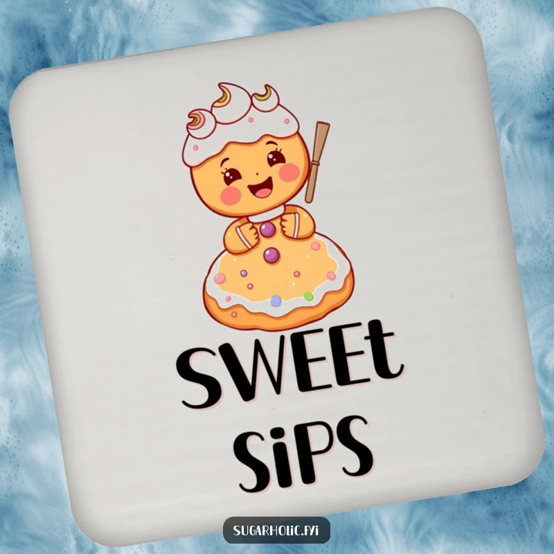 Funny gingerbread person character gleefully frosting a giant sugar cookie, a protective and humorous drink coaster.