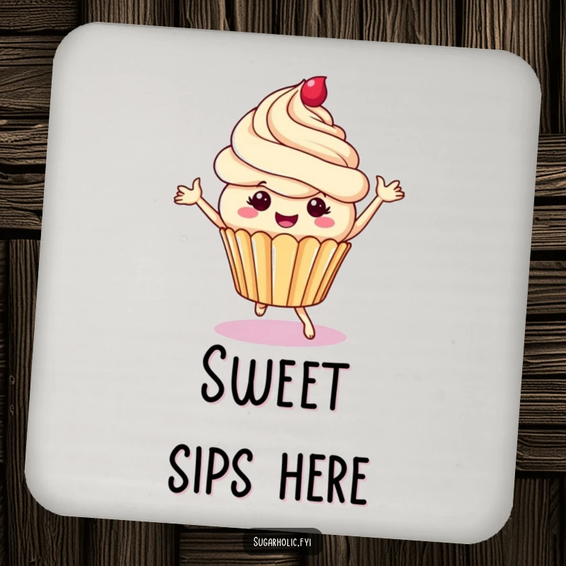 Funny cupcake coaster featuring a cheerful character dancing with frosting swirls, protecting surfaces with hilarious and sweet style for any table.