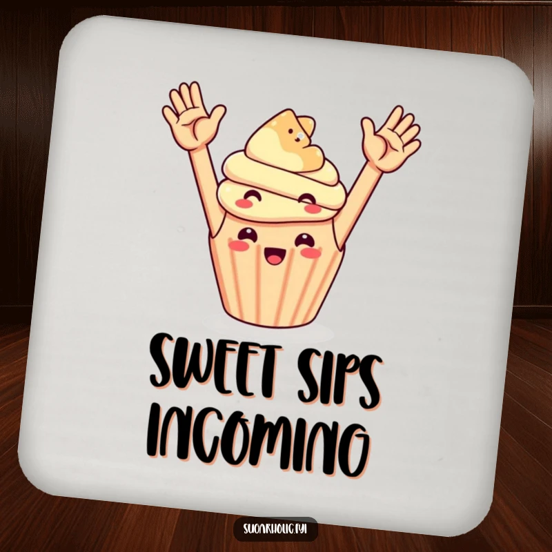 Funny cupcake and gummy bear high-fiving, a humorous and protective drink coaster.