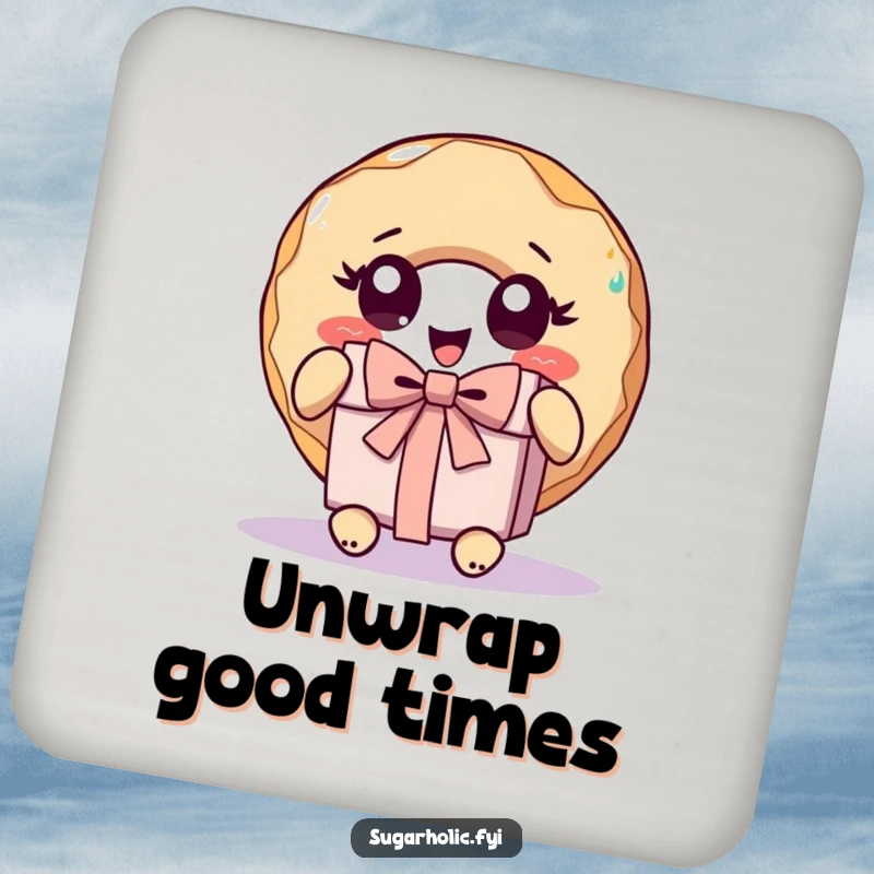 Funny donut character with wide eyes, unwrapping a gift on a humorous drink coaster, perfect for home decor.