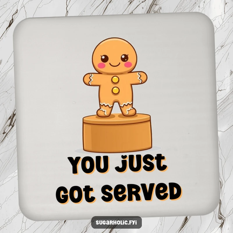 Funny coaster featuring a proud gingerbread cookie with button eyes on a podium, adding a winning touch.