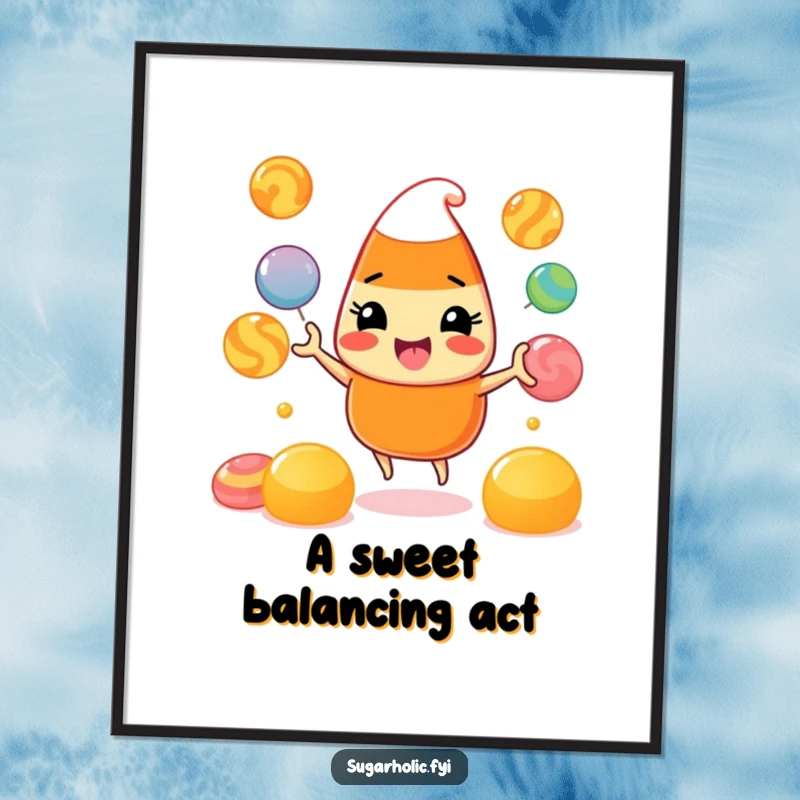 Funny Poster: A beaming candy corn character joyfully juggling bright gumdrops, adding a whimsical and festive touch to any room.