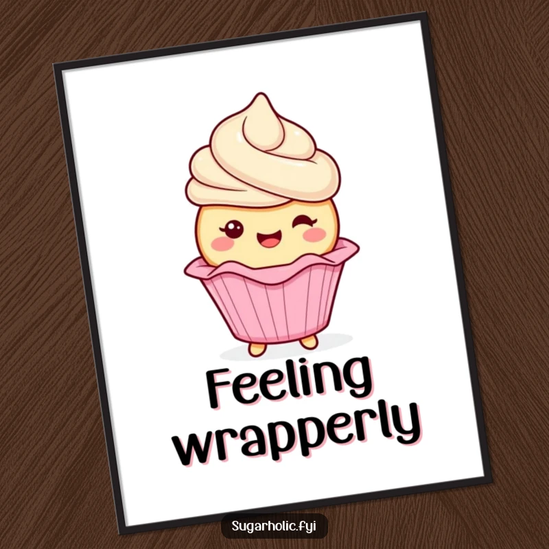 Funny cupcake character with frosting gleefully wiggling its wrapper on a poster, a cheerful and humorous wall art piece, a funny gift.