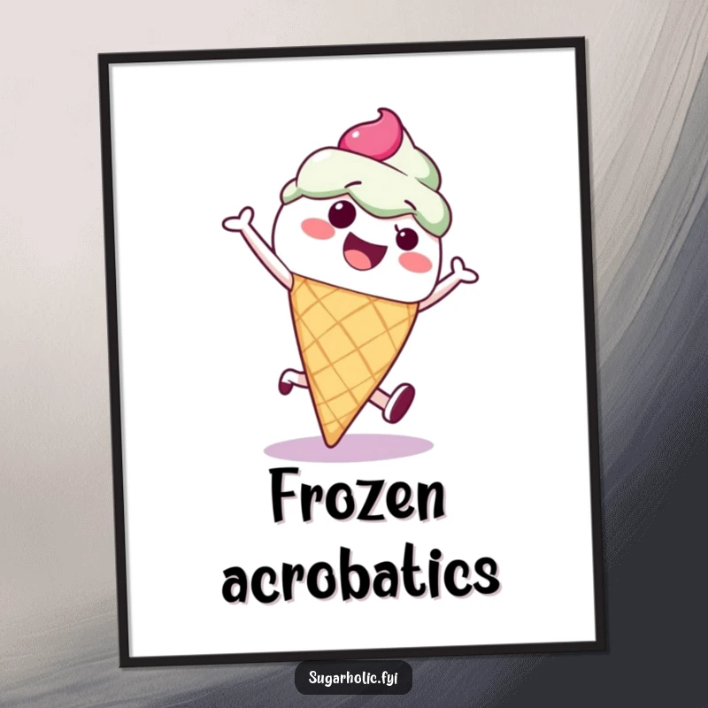 Funny ice cream cone character mid-cartwheel, creating a dynamic and humorous poster perfect for lively decor.