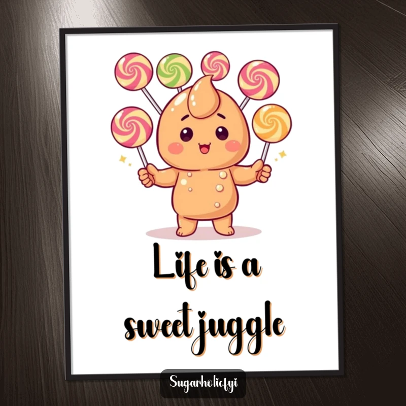 Funny Caramel Candy Poster: A blushing caramel character in a whimsical juggling act with colorful gumdrops, adding cheer.