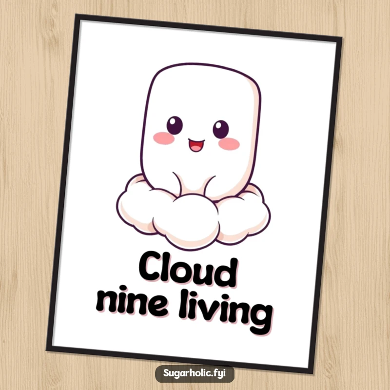 Funny Marshmallow Poster showing a cheerful marshmallow character floating on a cloud, a dreamy and funny art gift.
