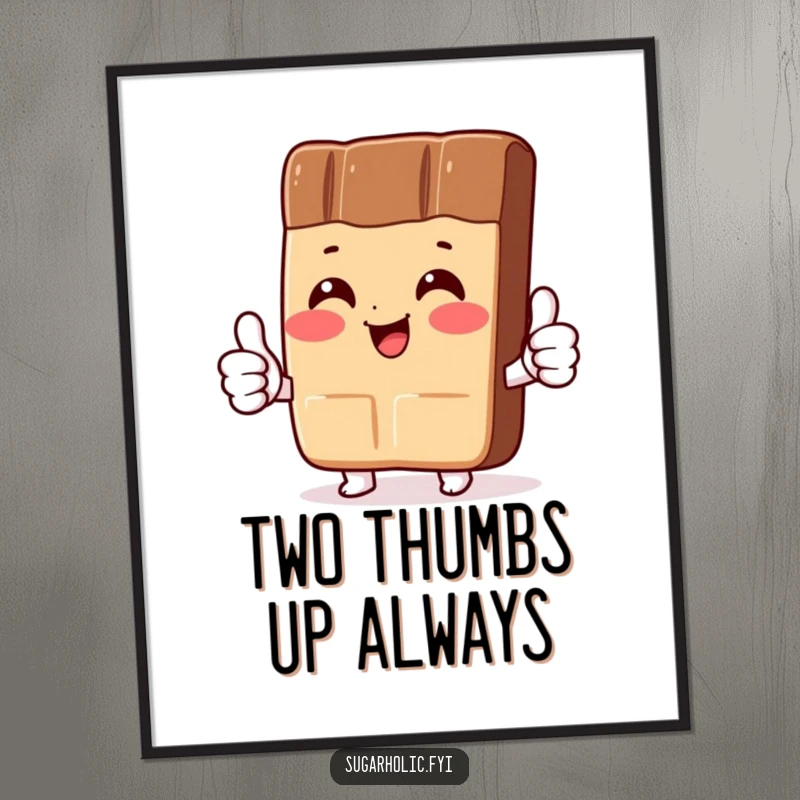 Funny Poster: A blushing chocolate bar character giving two thumbs up, radiating satisfaction and adding a sweet, humorous touch to decor.