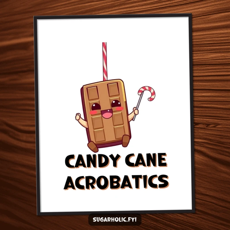 Funny poster of a thrilled chocolate bar character swinging high on a licorice rope, designed to bring excitement and amusement.