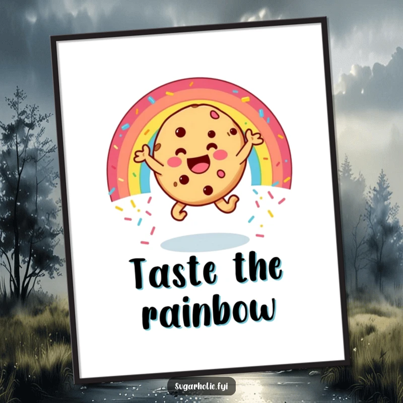 Funny cookie poster depicting a happy character leaping through a vibrant rainbow of sprinkles, vibrant and hilarious wall art for a cheerful space.