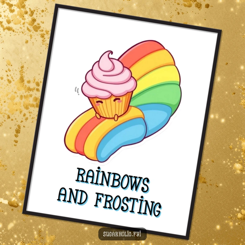 Funny Poster print of a laughing cupcake character sliding down a magical rainbow made of thick, colorful frosting swirls.