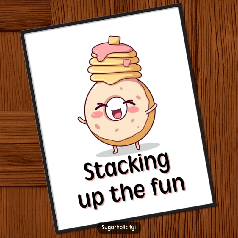 Funny poster art of a round donut character winking with enthusiasm while balancing a towering stack of pancakes.