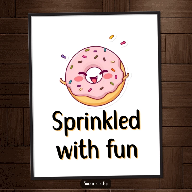 Funny cheerful donut character winking while juggling colorful sprinkles, a whimsical and humorous art print.