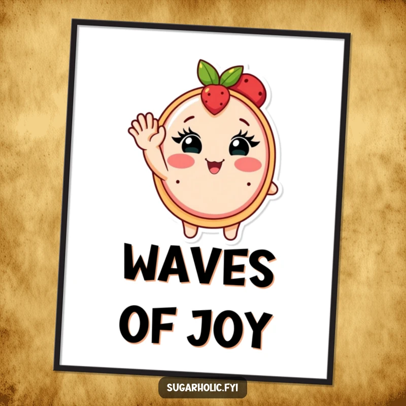 Funny poster showcasing a blushing fruit tart with cute eyelashes waving enthusiastically, adding a cheerful vibe.