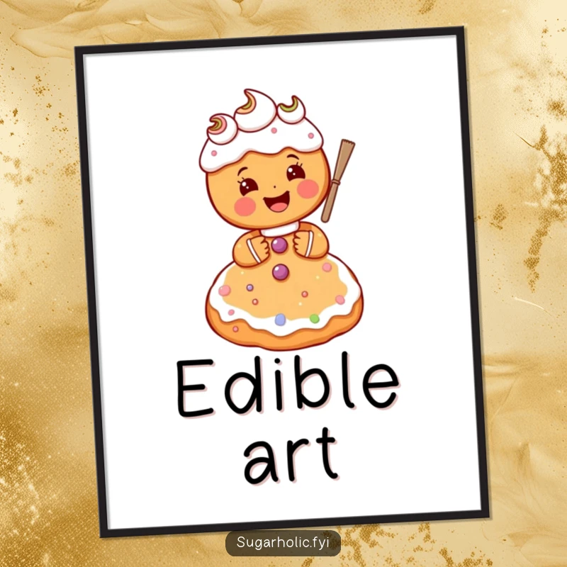 Funny gingerbread person character gleefully frosting a giant sugar cookie, a charming and humorous art print.