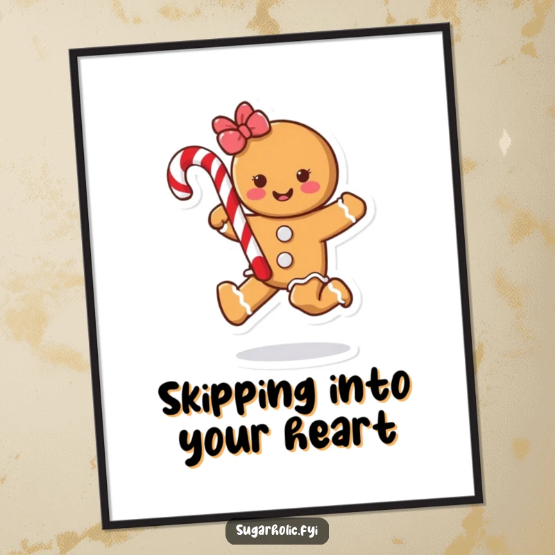 Funny gingerbread cookie character skipping with a candy cane, making this a humorous and eye-catching poster for wall decor.