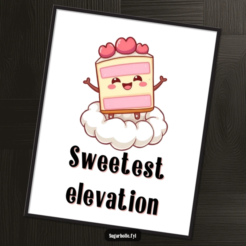 Funny happy slice of cake bouncing joyfully on a fluffy cloud of whipped cream, a whimsical art poster.