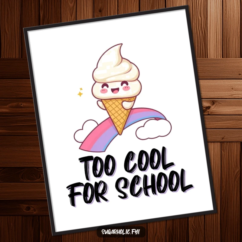 Funny Poster of a gleeful ice cream cone character smoothly sliding down a vibrant rainbow with a smile.
