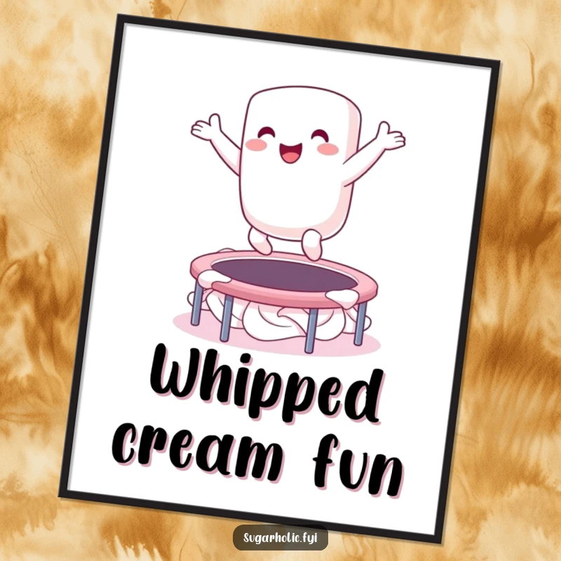 Funny poster of an ecstatic marshmallow character bouncing on a whipped cream trampoline, designed to bring happiness and lightheartedness.