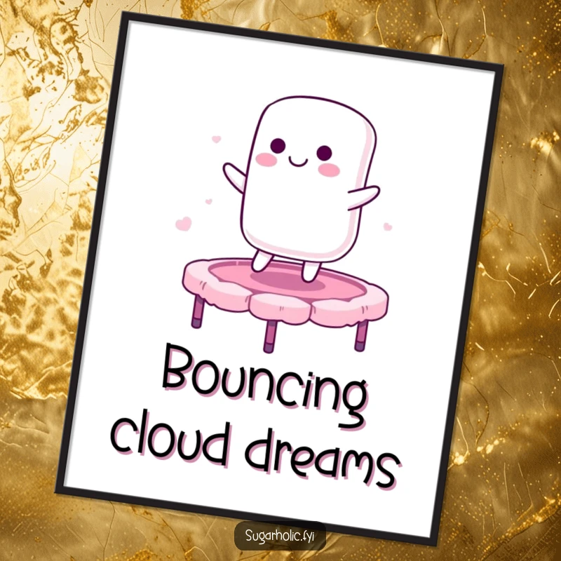 Funny poster showcasing a smiling marshmallow character bouncing on a candy floss trampoline, adding a playful and sweet touch to any wall.