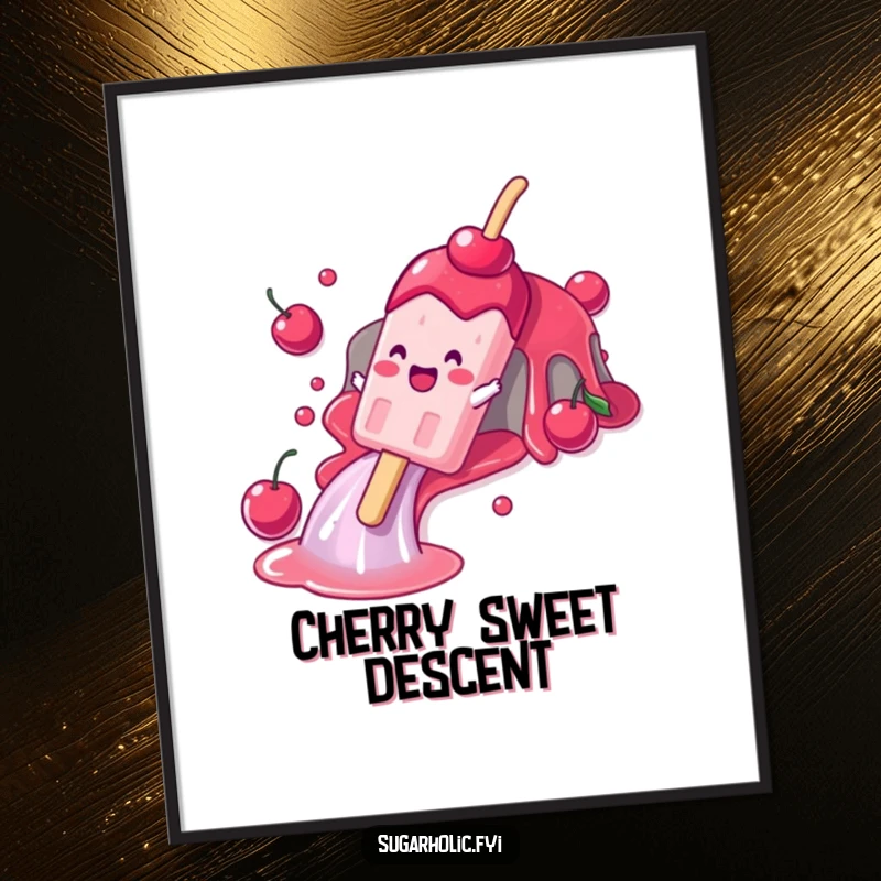 Funny poster of a gleeful popsicle character sliding on a cherry syrup waterfall, designed to bring a cool and cheerful atmosphere.