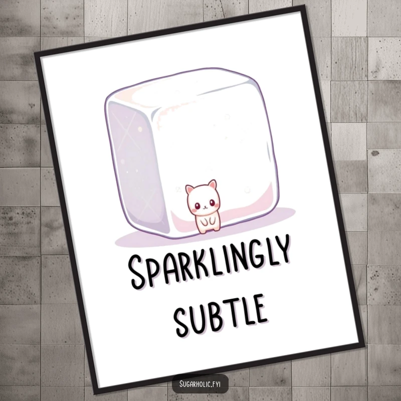 Funny shy candy character peeking from behind a giant, sparkling sugar cube, a whimsical and humorous wall art poster.