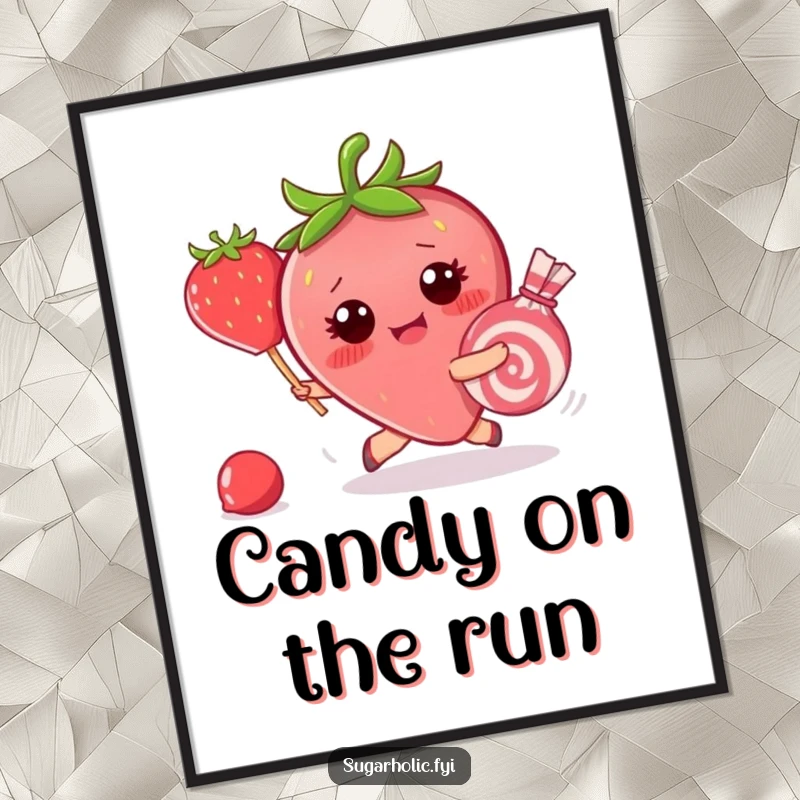 Funny poster featuring a blushing strawberry character in a comical chase after a runaway piece of candy, evoking sweet, humorous desperation.