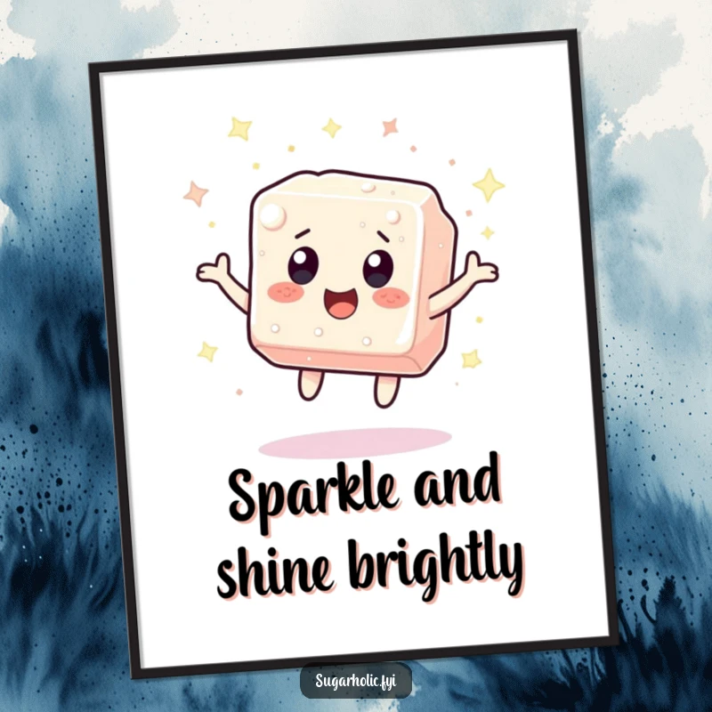 Funny sugar cube character bouncing with excitement, surrounded by sparkles, presented as vibrant wall art, perfect for lovers of cute and humorous decor.
