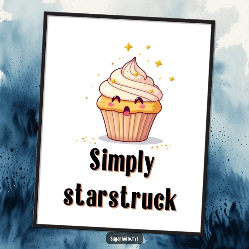 Funny Poster showing a surprised cupcake showered with tiny edible glitter stars, adding sparkle to any room.