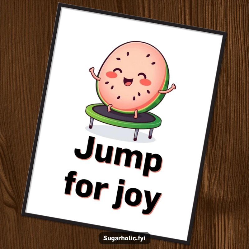 Funny poster featuring a joyful slice of watermelon with seed freckles, depicted bouncing on a trampoline.