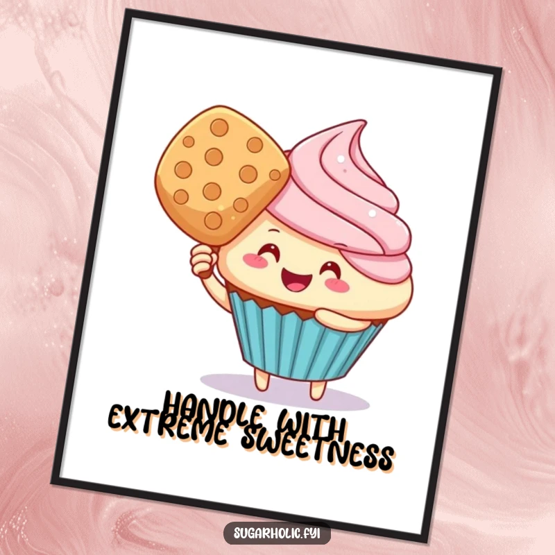 Funny cupcake character fanning itself with a giant wafer, displayed as humorous wall art on a poster.