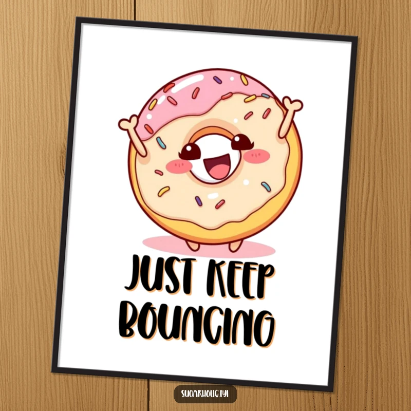 Funny donut character with sprinkles bouncing joyfully on a poster, a vibrant and humorous wall art piece, perfect for a funny gift.