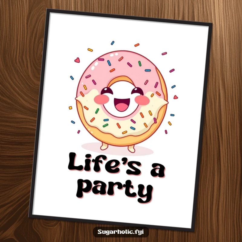 Funny Poster of a laughing donut character juggling a vibrant mix of colorful sprinkles with pure delight.